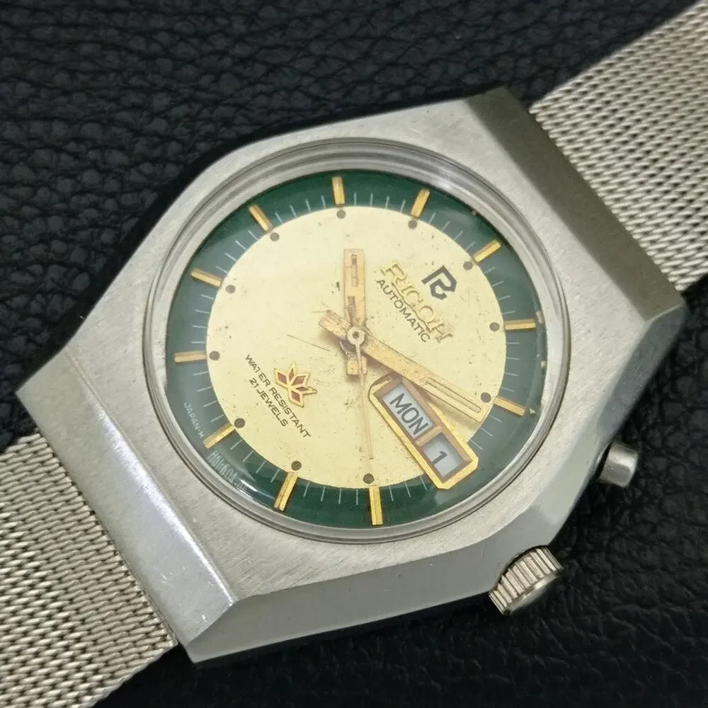 Vintage 1972 Ricoh Automatic Mens Silver Watch W/daydate & Gold accents